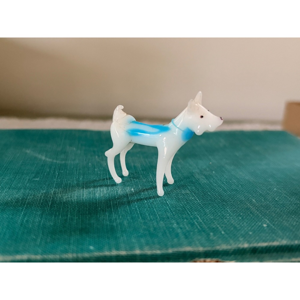 Vintage Miniature Hand Blown Glass Dog Figurine White Blue Terrier Tiny Animal